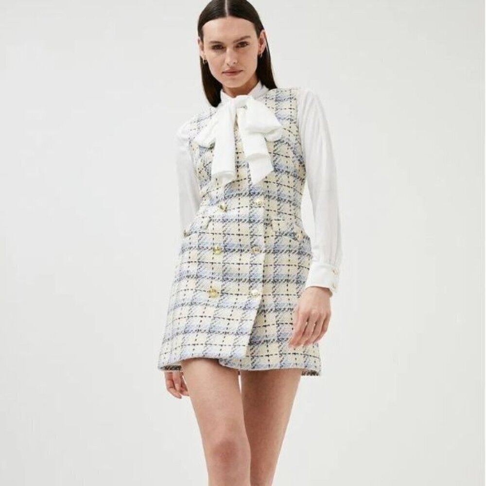 NWT Karen Millen Check Button Sleeveless Mini Dress Ivory Size US 4